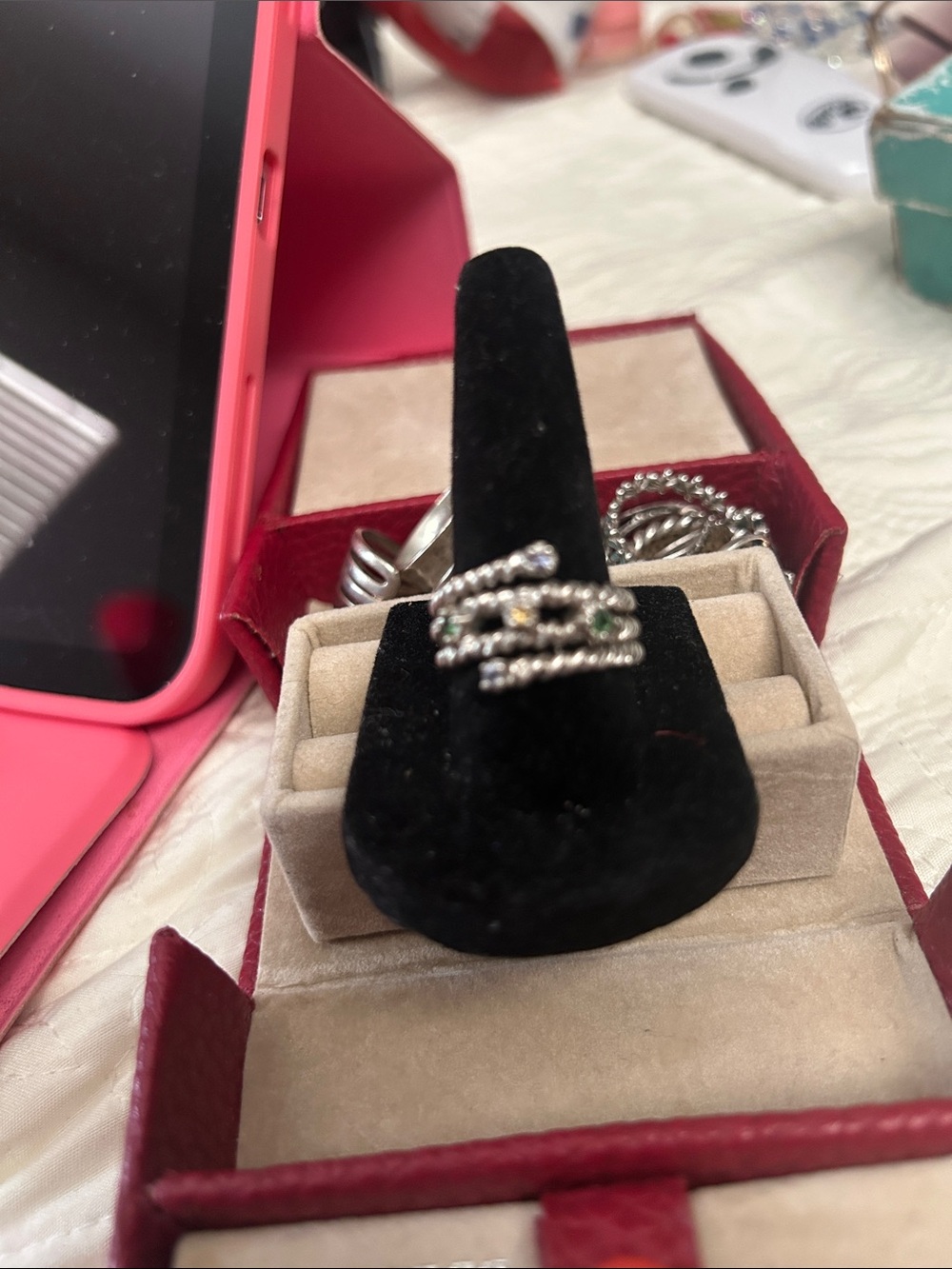 Silver Tone Stackable Ring with Green Accent Stones